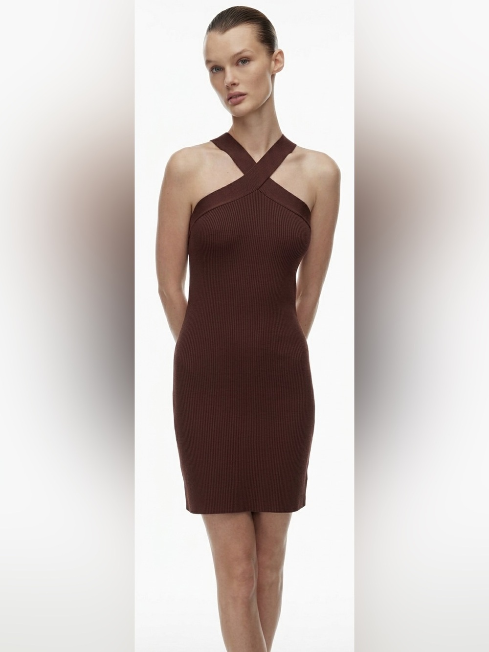 Aritzia Babaton Sz XS Sculpt Knit Criss Cross Brown Mini Dress